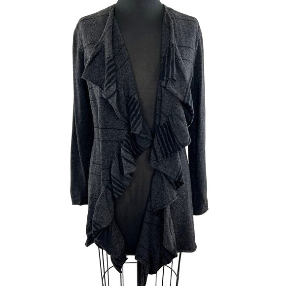 Eileen Fisher Gray Black Merino Wool-Cashmere Ruffle Waterfall Cardigan Size S - Picture 1 of 8